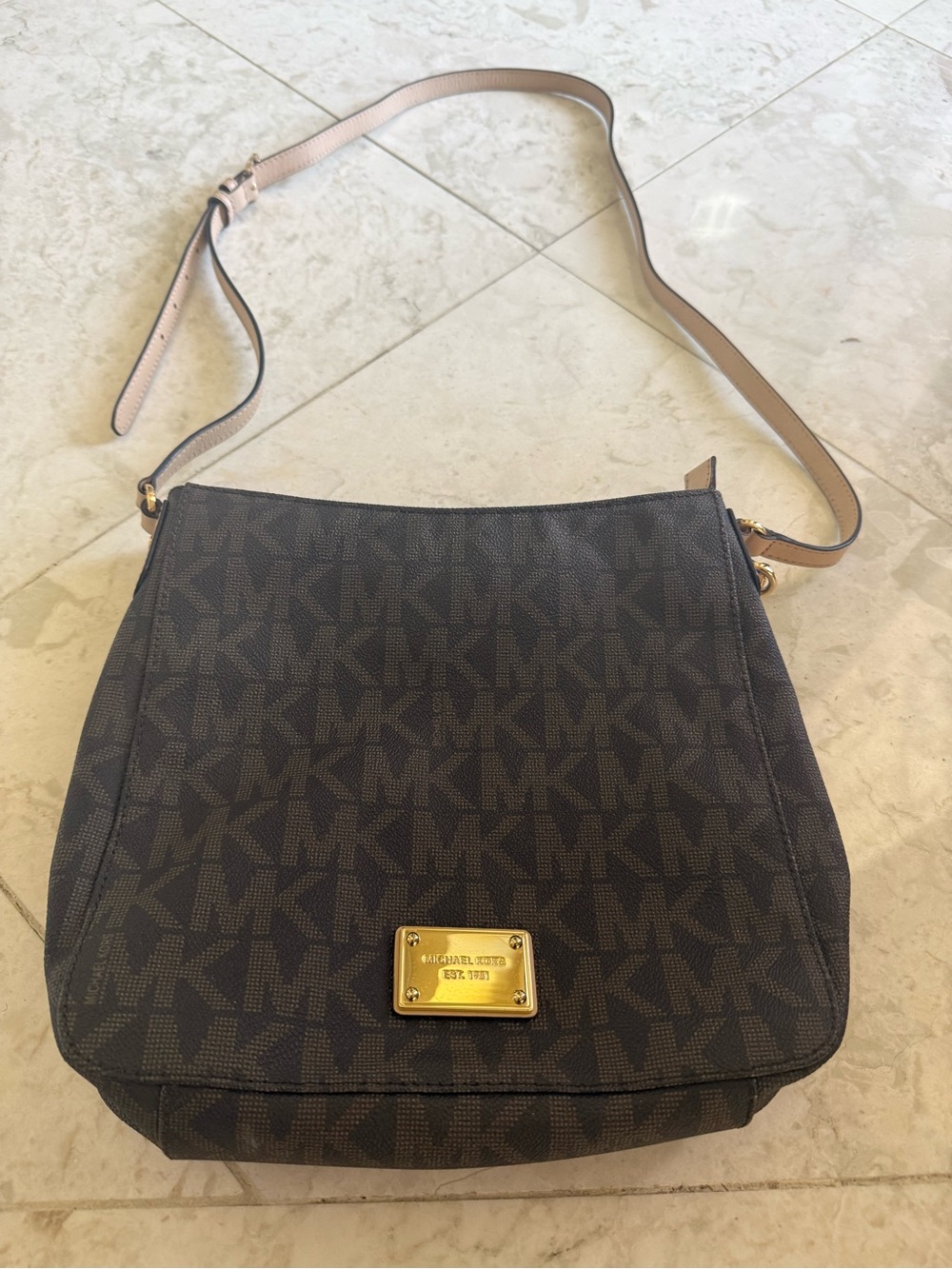 Michael Kors Brown MK Monogram Crossbody with Beige Strap (Used)